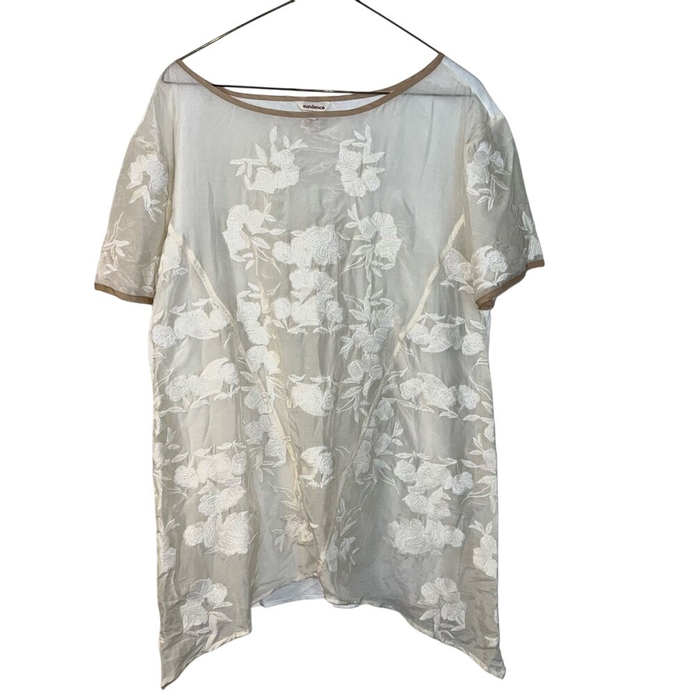 Sundance Silk Cotton Blend Embroidered Floral Short Sleeve Sheer Top Size Medium